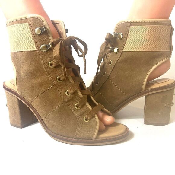 Ugg Womens 7 Brown Suede Peep Toe Ankle Bootie Sling Back Comfort Heels Tie Shoe - Picture 2 of 10